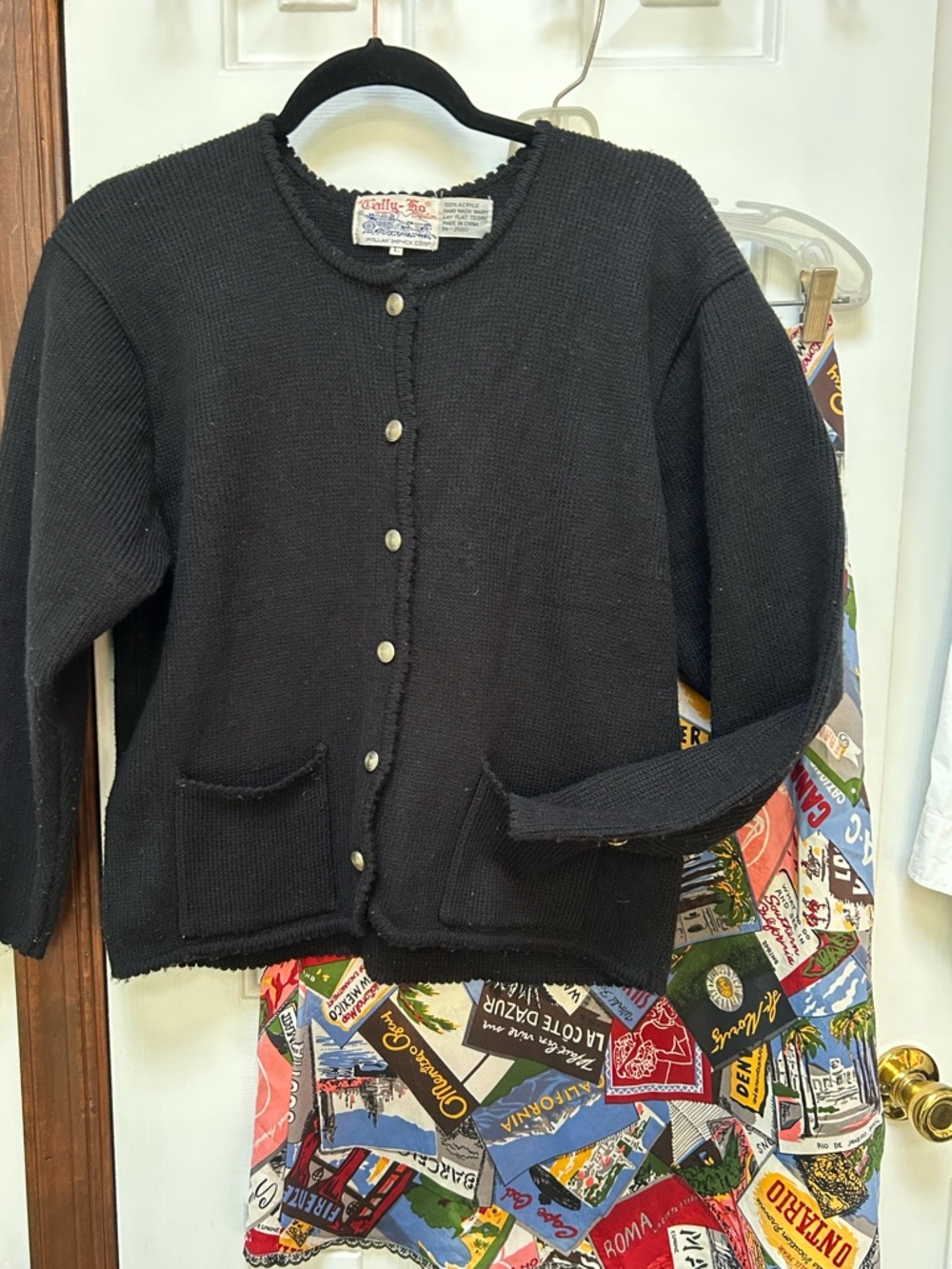 Vntg Black, silver button TallyHo Knit Cardigan, front pockets, cuff buttons